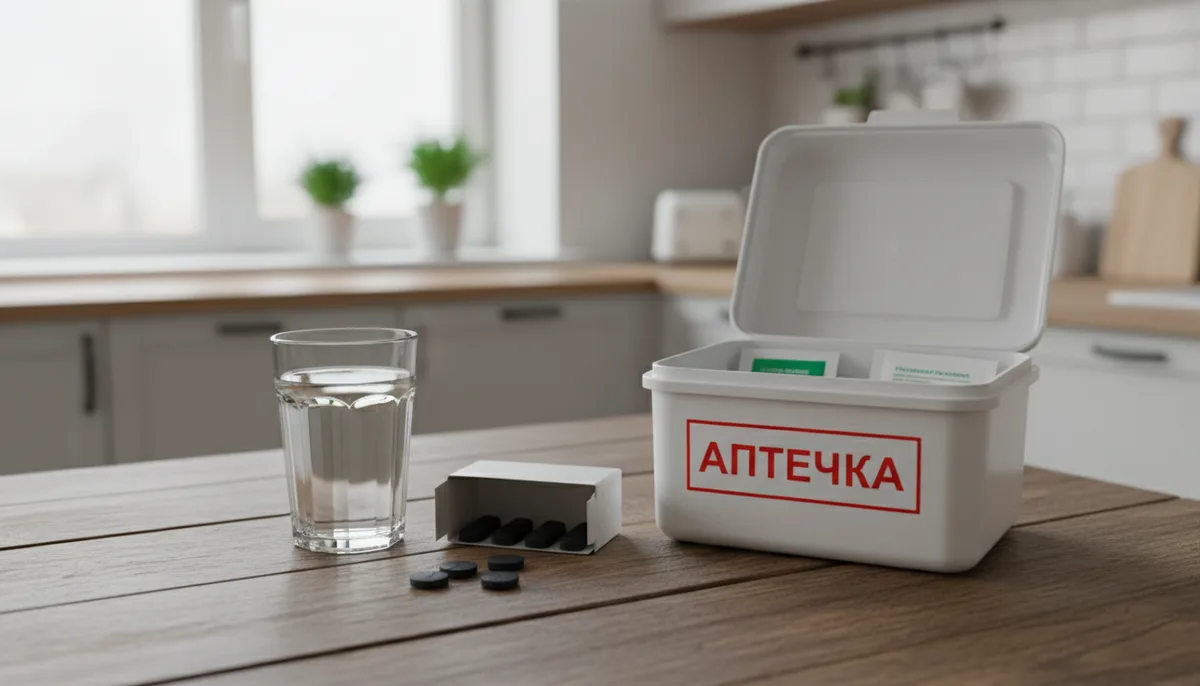 Домашняя аптечка на кухонном столе, стакан воды, активированный уголь