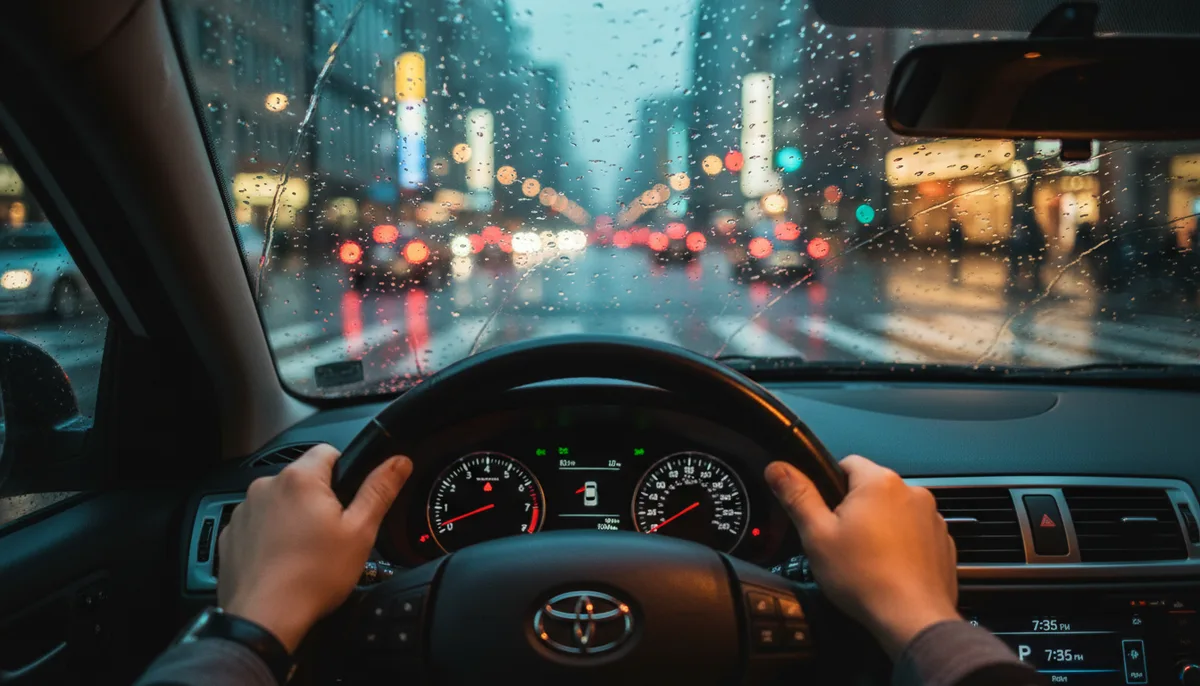 Руки водителя на руле, размытый городской перекрёсток, дождливый вечер, приборная панель