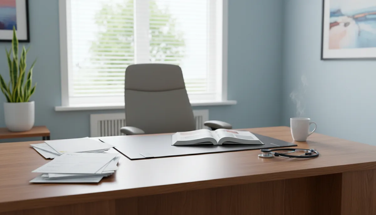 Медицинский кабинет, стол врача, бланки документов, стетоскоп, спокойная обстановка